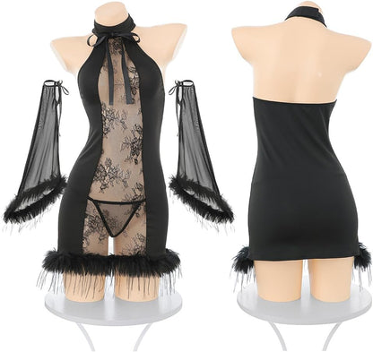 sexy cheongsam dress lingerie for women chinese Qipao cosplay Costume outfit Bodycon High Split Fluffy Feather Nightgown anime Roleplay Chemise Babydoll Sleeves Thong black
