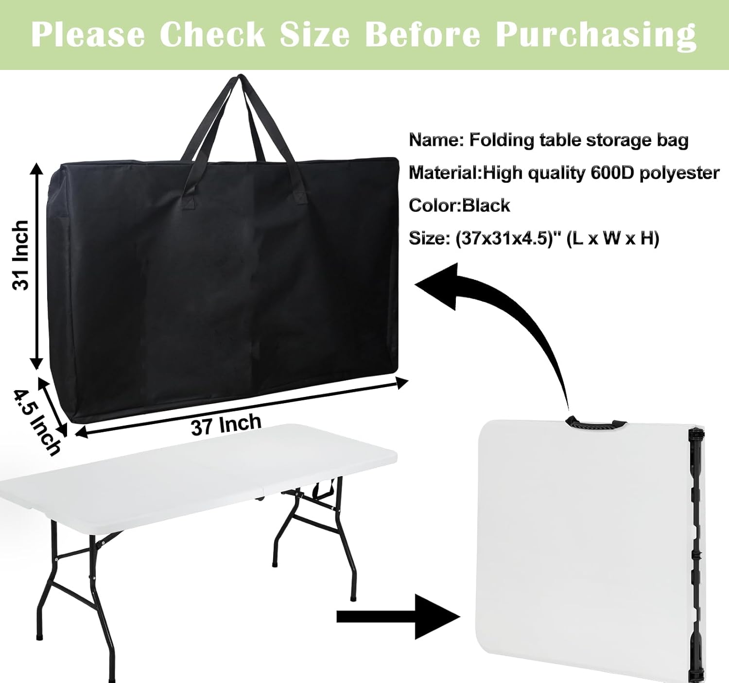 4/6/ 8 Foot Folding Table Storage Bag, Waterproof Heavy Duty Large Carrying Bag for Folding Tables, Picnic/Camp Tables Cover with Durable Zipper & Shoulder Strap, 31" D X 37" W X4.5 H, Black