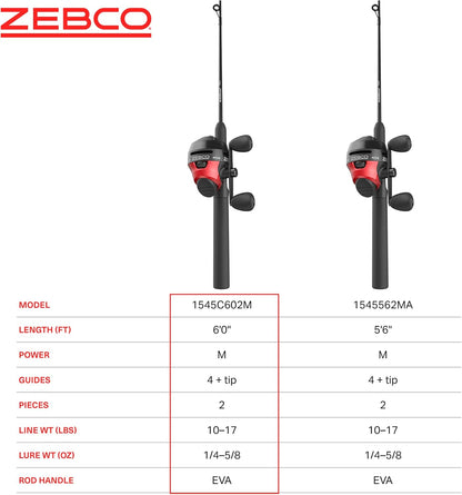 Zebco 404 Spincast Reel and Fishing Rod Combo, 6-Foot 2-Piece Fishing Pole, Size 40 Reel, Right-Hand Retrieve, Pre-Spooled with 15-Pound Zebco Line, Black/Red