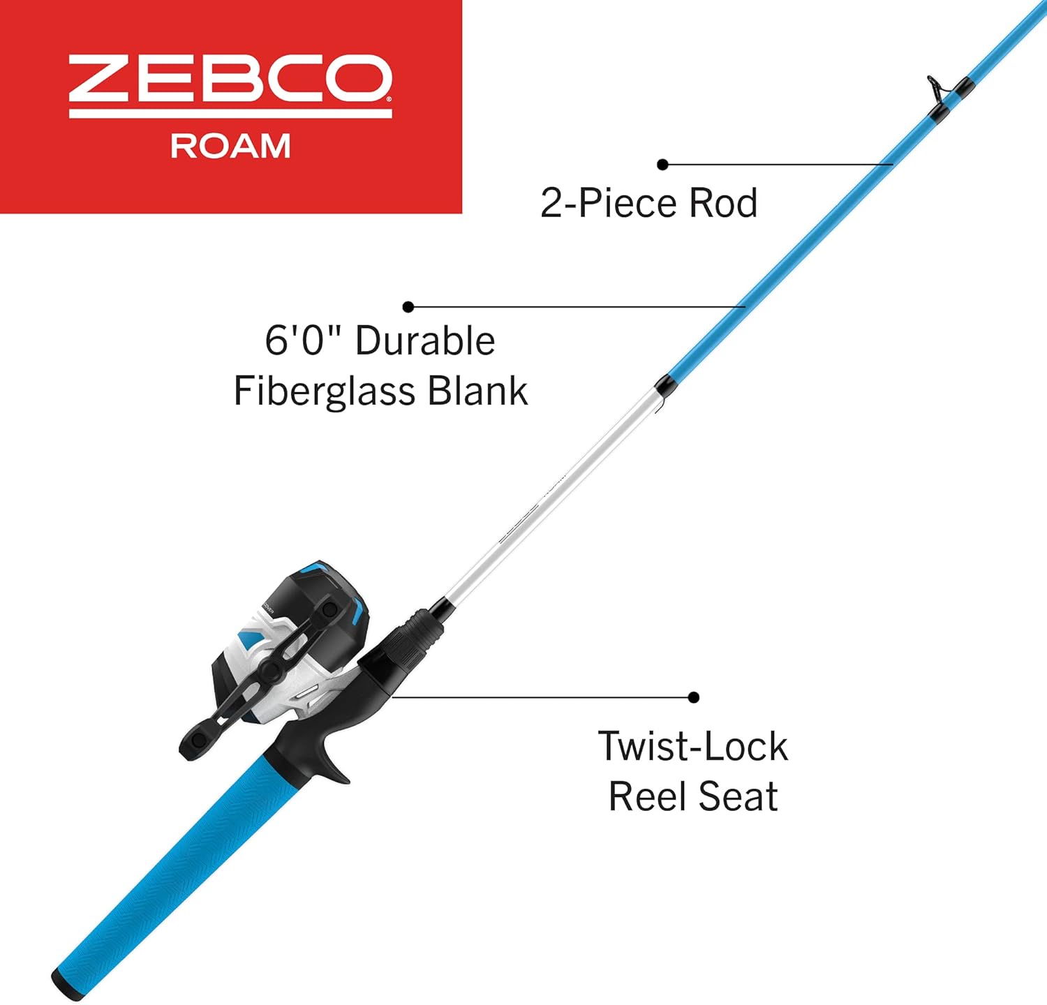 Zebco Roam Spincast Reel and Fishing Rod Combo, 6-Foot 2-Piece Fiberglass Fishing Pole with ComfortGrip Handle, Quickset Anti-Reverse Fishing Reel, Pre-Spooled with 10-Pound Zebco Line