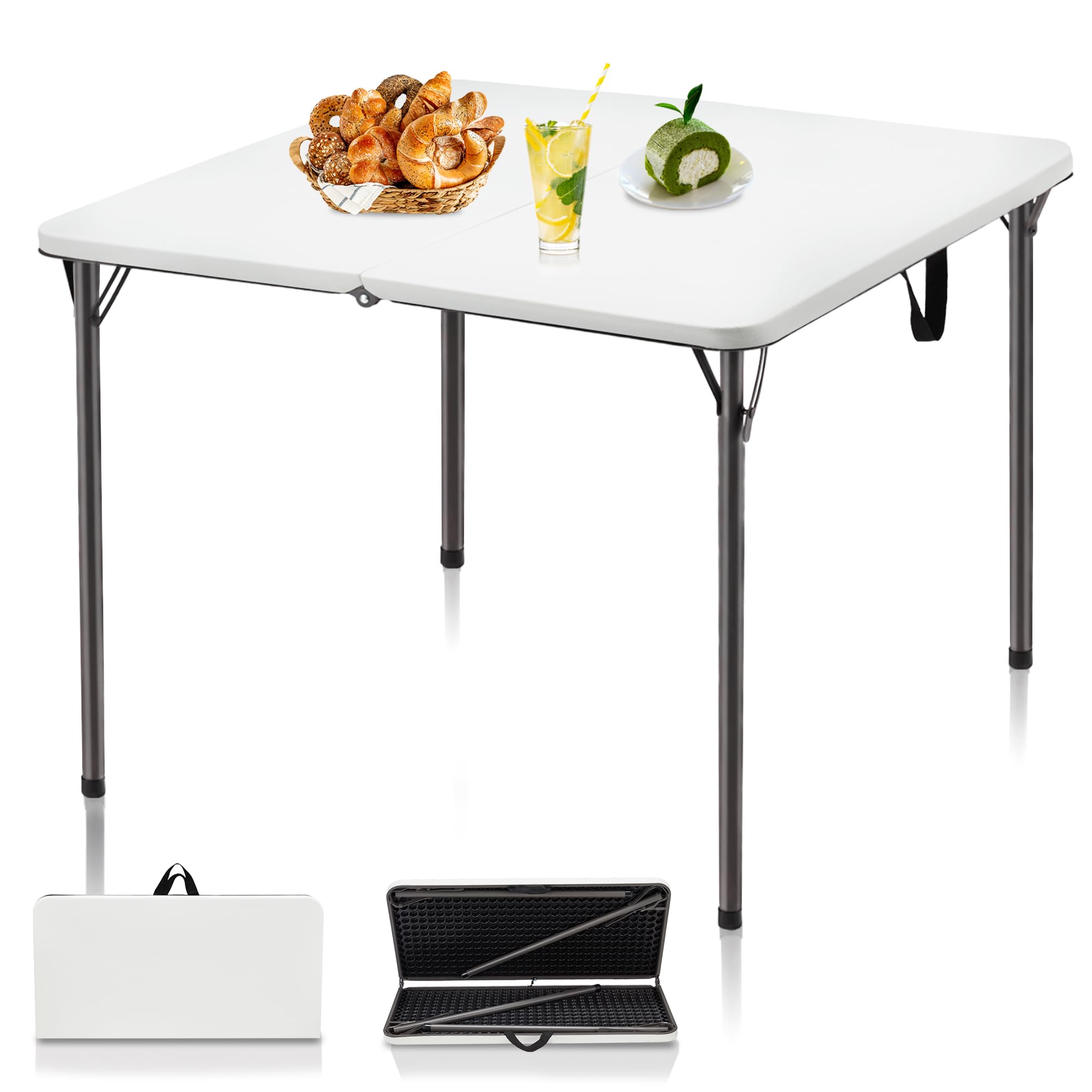 34" Folding Table, Portable Square Folding Card Table with Collapsible Legs & Carrying Handle, Plastic Tables for Camping,Picnic, Office, Party, White