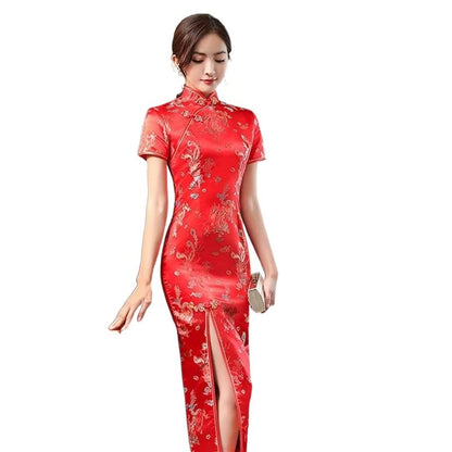 Sexy New Brocade Satin Long Fork Cheongsam Chinese Classic Women Qipao Elegant Short Sleeve Novelty Wedding Evening Dress