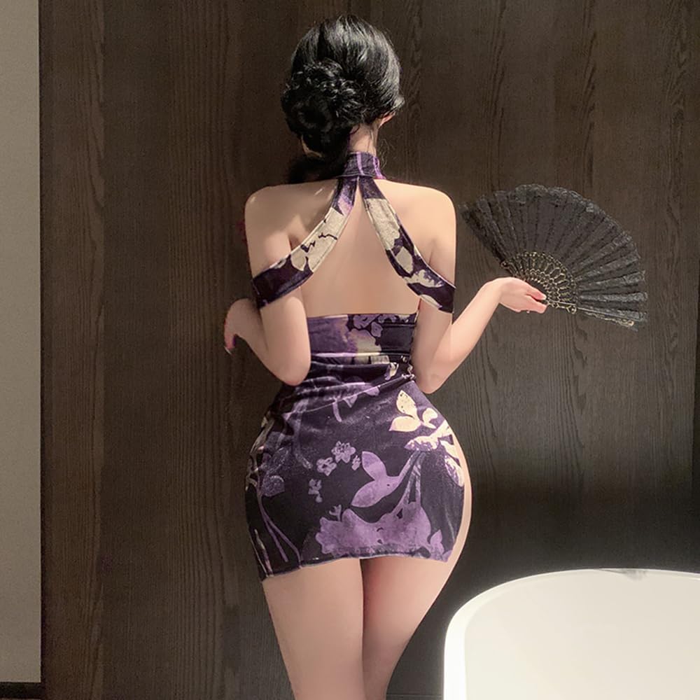 sexy cheongsam dress for women Lingerie outfit Costume chinese Style Roleplay Qipao Perspective anime cosplay Bodycon velvet High Split Nightgown Chemise Babydoll Thong purple