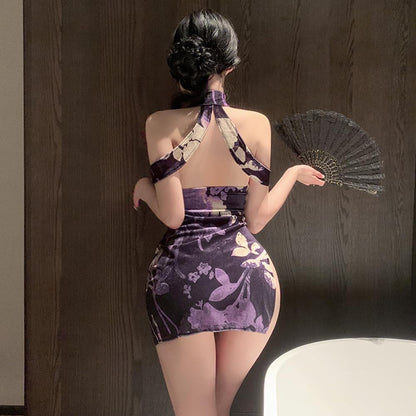 sexy cheongsam dress for women Lingerie outfit Costume chinese Style Roleplay Qipao Perspective anime cosplay Bodycon velvet High Split Nightgown Chemise Babydoll Thong purple