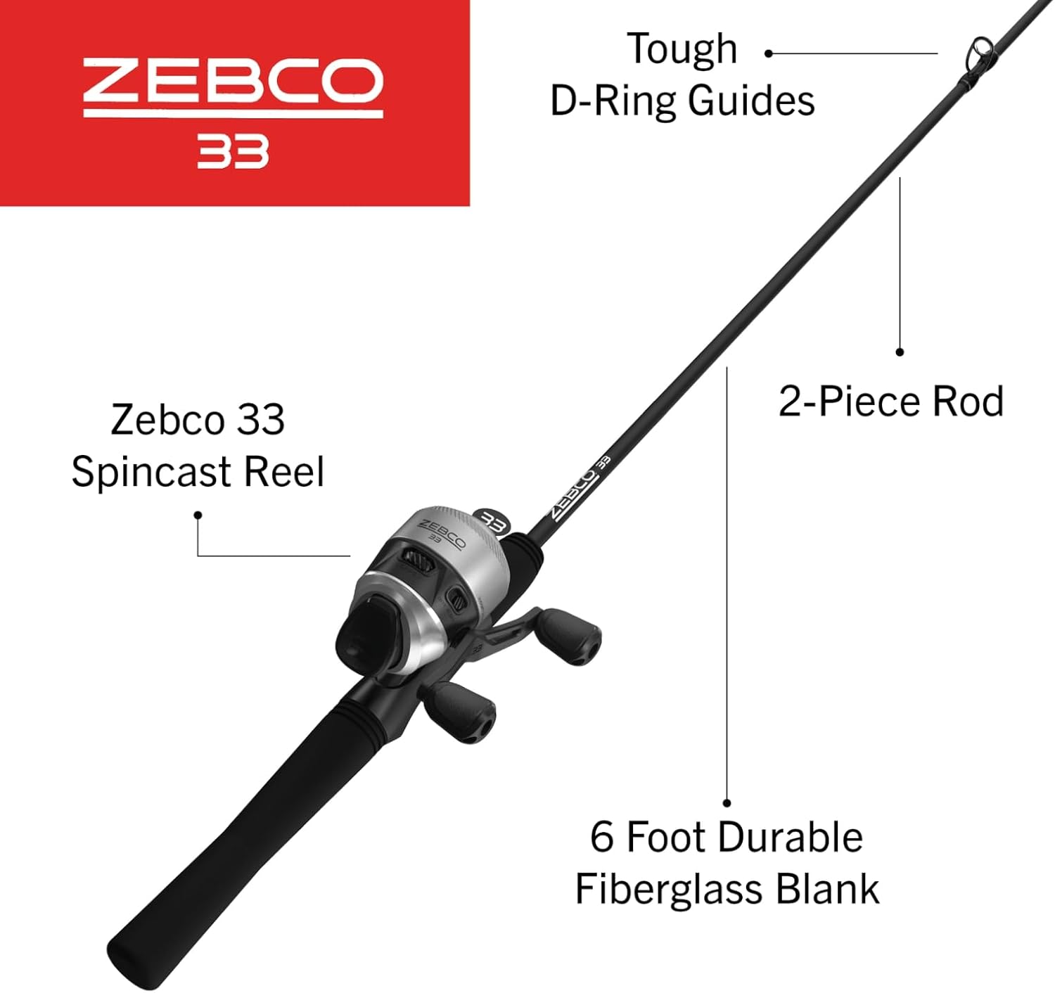 Zebco 33 Spincast Reel and Fishing Rod Combo, 6-Foot 2-Piece Fiberglass Rod with EVA Handle, Quickset Anti-Reverse Fishing Reel with Bite Alert