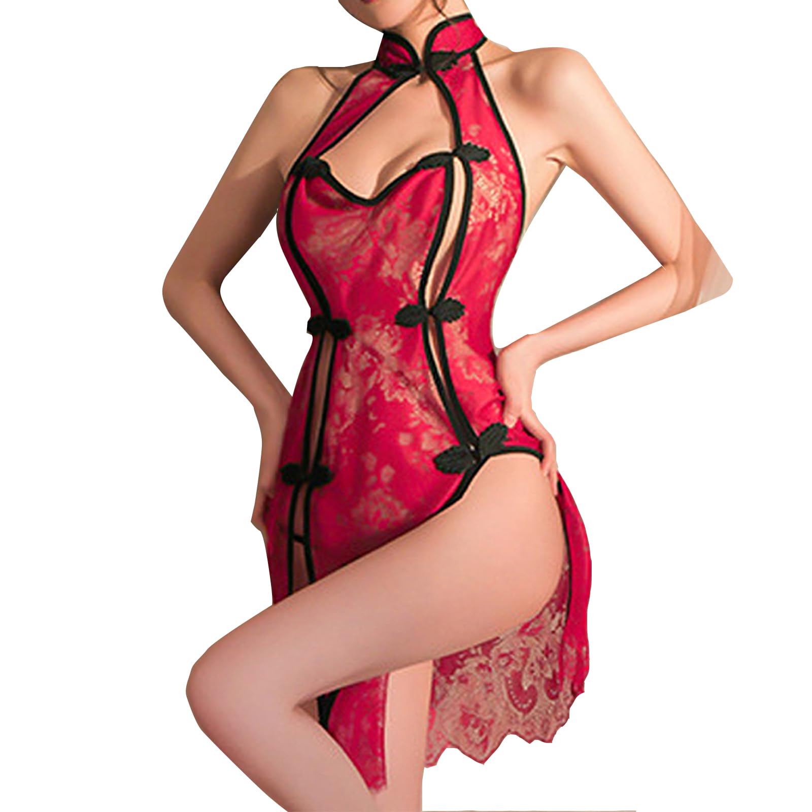 YOMORIO Retro Cheongsam Sexy Mesh Lace Floral Qipao Long Dress Anime Lingerie Costumes