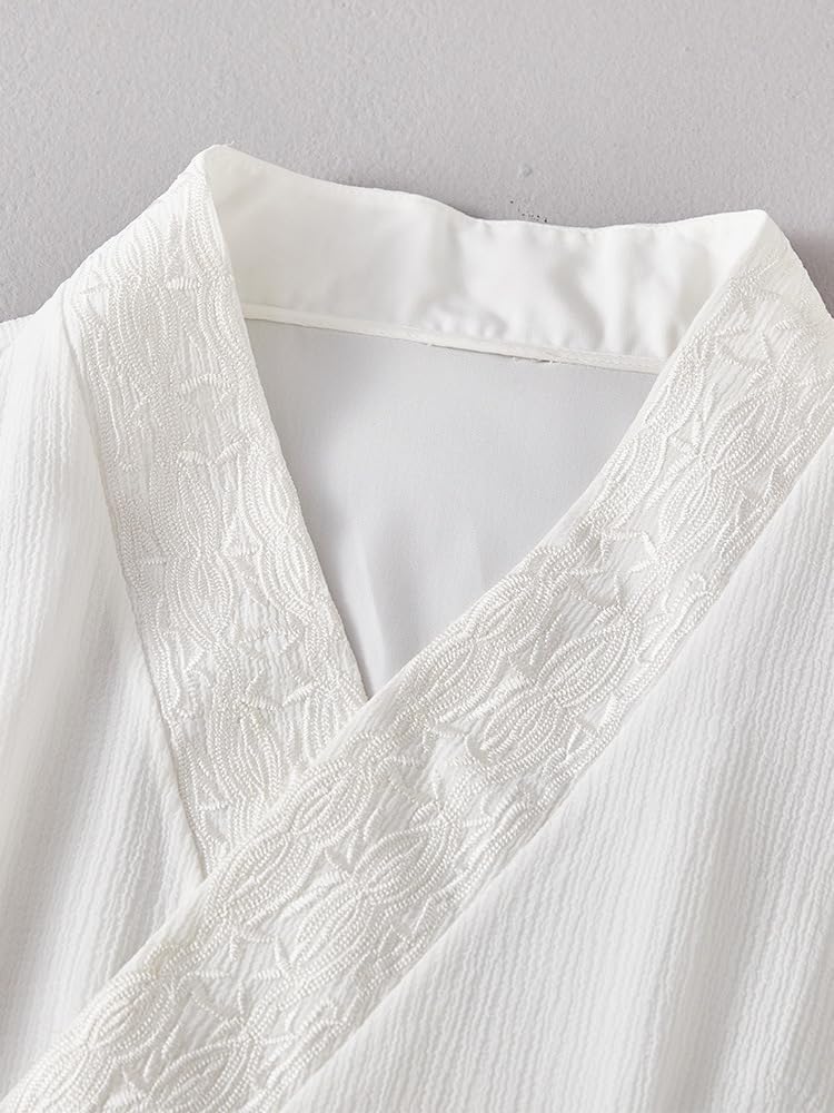 Women Chinese Hanfu Embroidered Clothing Classical Cross V-neck Tie Flowy Mesh Sheer Dance Top Chinese Style Clothes