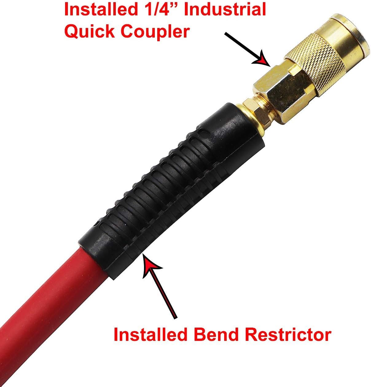 YOTOO Hybrid Air Hose 3/8-Inch by 50-Feet 300 PSI Heavy Duty, Lightweight, Kink Resistant, All-Weather Flexibility with 1/4-Inch Brass Male Fittings, Bend Restrictors, Red