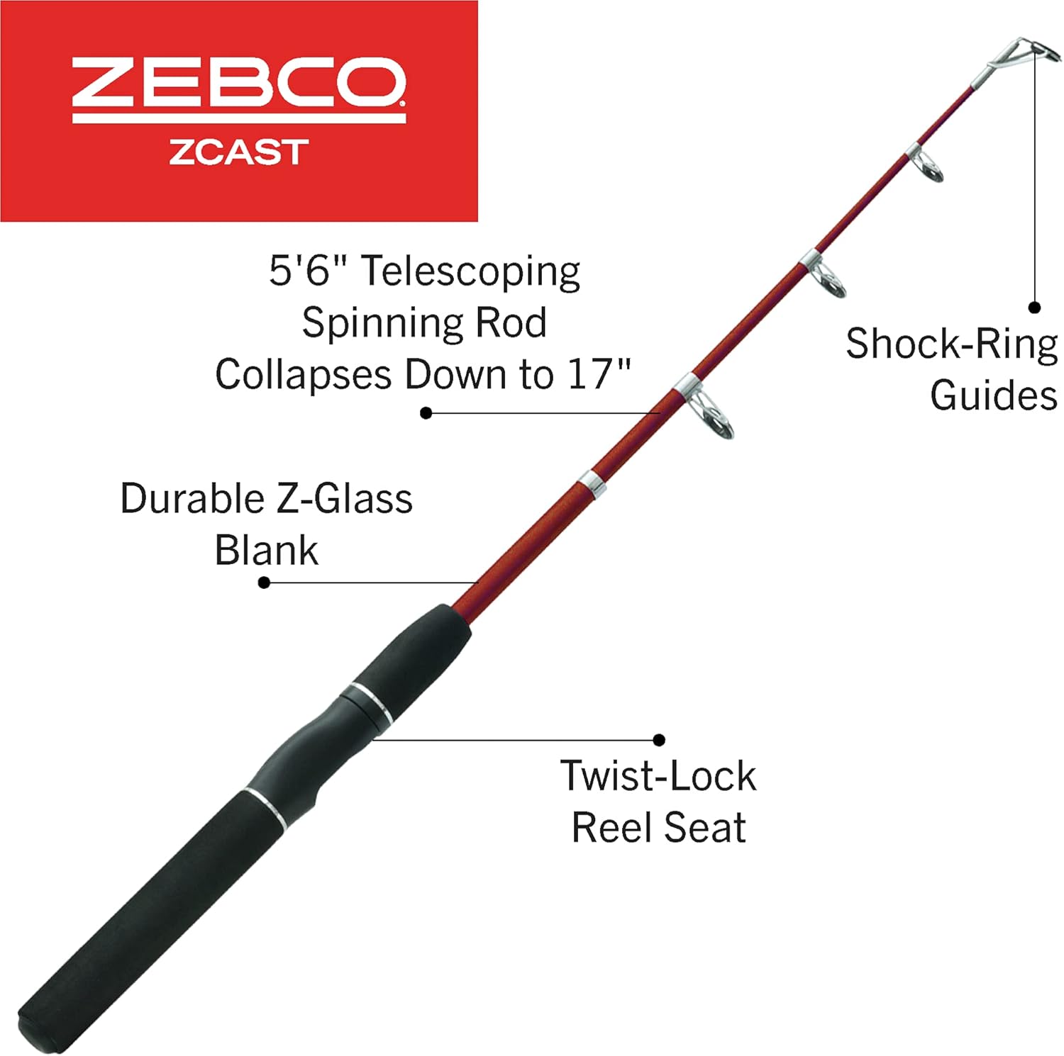 Zebco Z-Cast Spinning Fishing Rod Durable Z-Glass Fishing Pole, Comfortable EVA Rod Handle, Shock-Ring Guides, Medium Power
