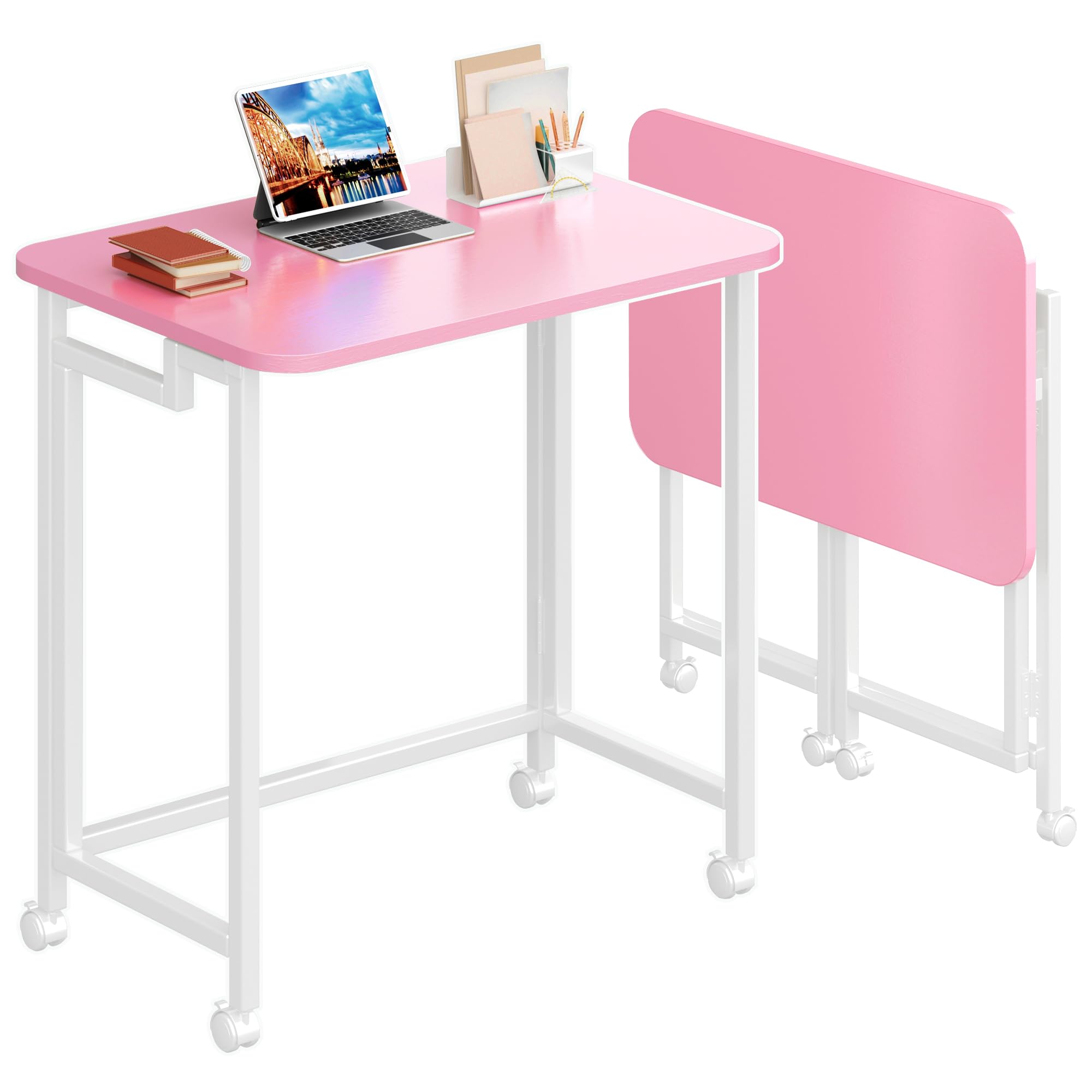 4NM 23.6" Mobile Small Rolling Computer Desk, Folding Laptop Cart Table with Wheels, Portable Office Desk for Small Space Couch Bed - All White