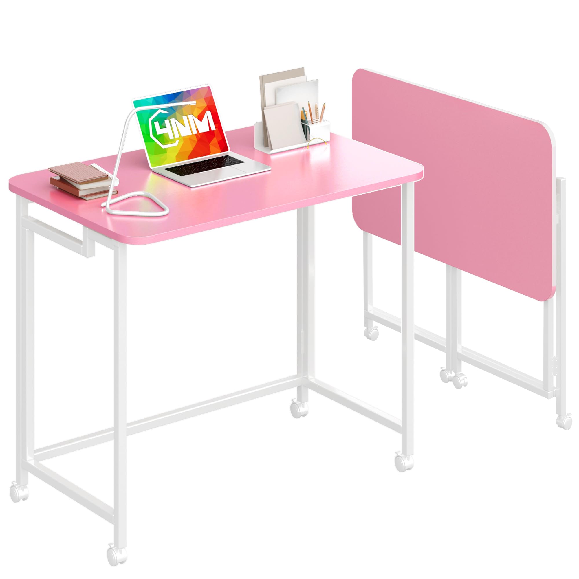 4NM 23.6" Mobile Small Rolling Computer Desk, Folding Laptop Cart Table with Wheels, Portable Office Desk for Small Space Couch Bed - All White