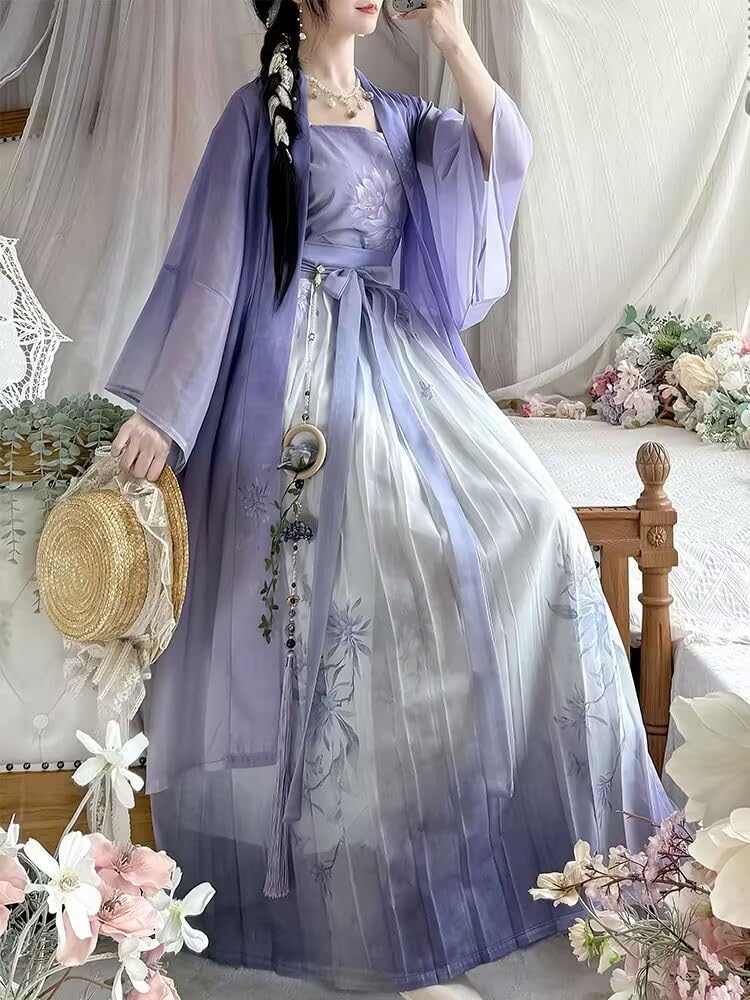 Chinese Hanfu Women Traditional Cosplay Costume Ancient Song Dynasty 2025 Summer Purple Print Hanfu 3pcs Suit