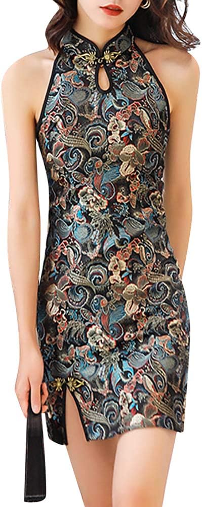 Women's Sleeveless Cheongsam Costume Mandarin Collar Chinese Traditional Dragon Phoenix Pattern Side Slit Cocktail Mini Bodycon Dress (40# Blue, M)