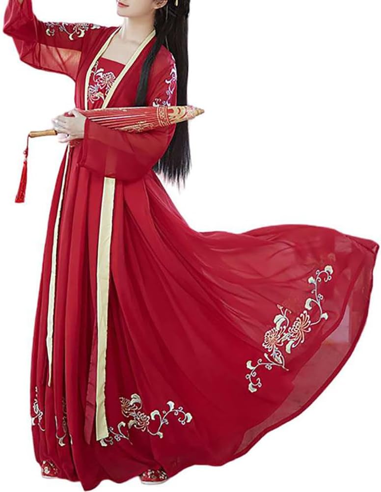 Women's Flower Embroidery Hanfu Flowy Wide Sleeve Duijin Qiyao Ruqun Dress Ancient Chinese Clothing Classical Dance Wear