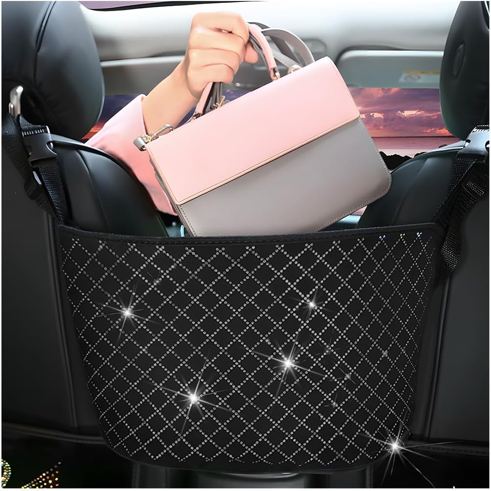 zipelo Bling Car Net Pocket Handbag Holder, Rhinestone Vehicle Backseat Purse Organizer Between Seats, Diamond Hanging Storage Bag Barrier of Pet Kids, Universal Automotive Accessories (Black)