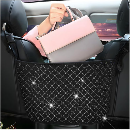 zipelo Bling Car Net Pocket Handbag Holder, Rhinestone Vehicle Backseat Purse Organizer Between Seats, Diamond Hanging Storage Bag Barrier of Pet Kids, Universal Automotive Accessories (Black)