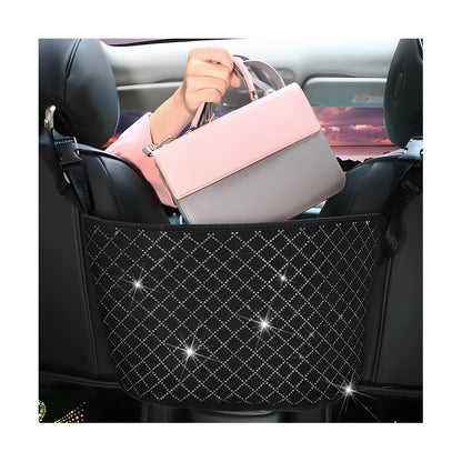 zipelo Bling Car Net Pocket Handbag Holder, Rhinestone Vehicle Backseat Purse Organizer Between Seats, Diamond Hanging Storage Bag Barrier of Pet Kids, Universal Automotive Accessories (Black)