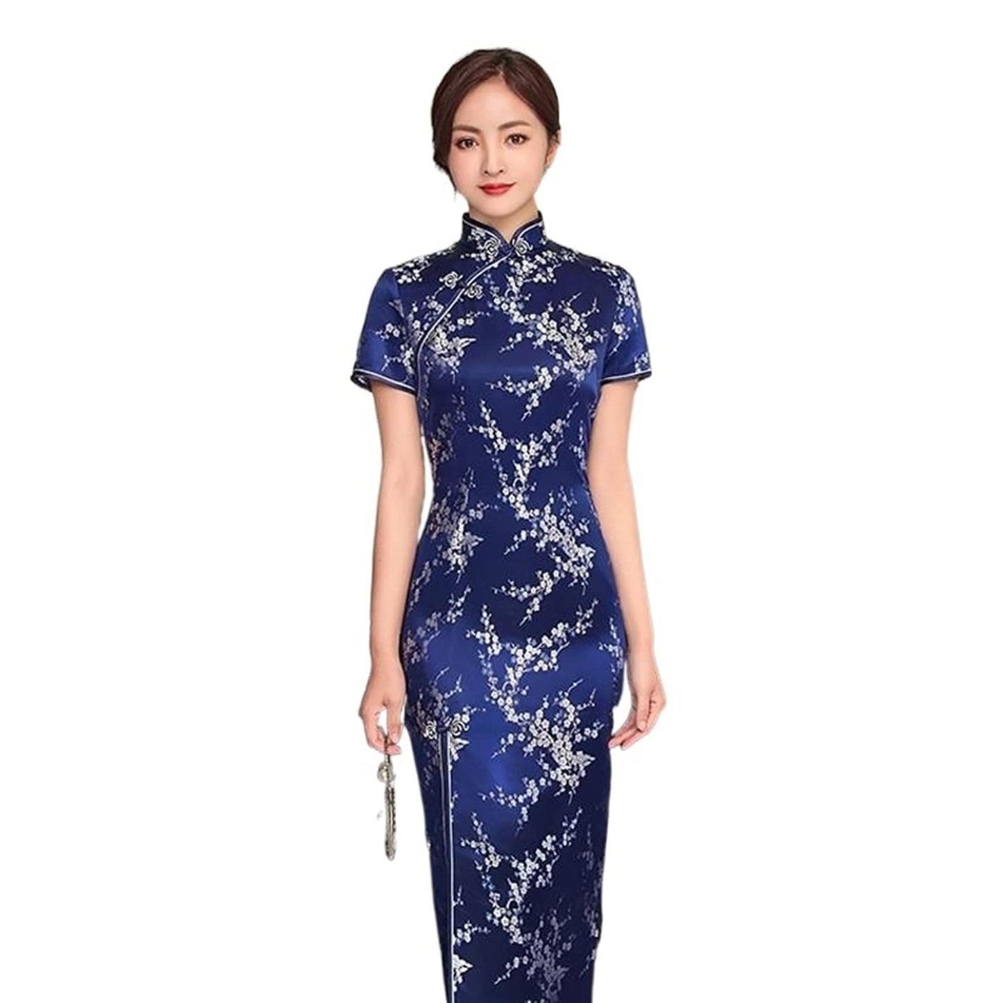 Sexy New Brocade Satin Long Fork Cheongsam Chinese Classic Women Qipao Elegant Short Sleeve Novelty Wedding Evening Dress