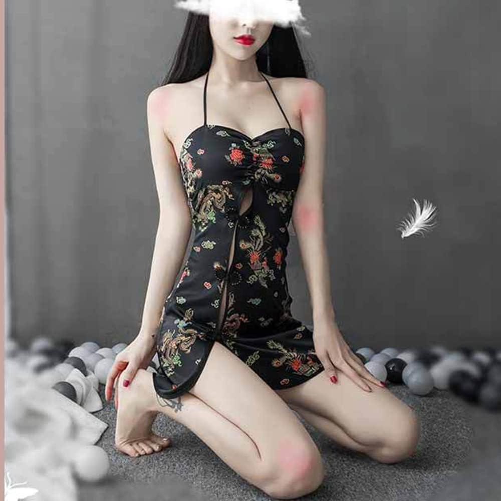 Women's Sexy Cheongsam Lingerie Cosplay Pajamas Chinese Vintage Embroidered Dress