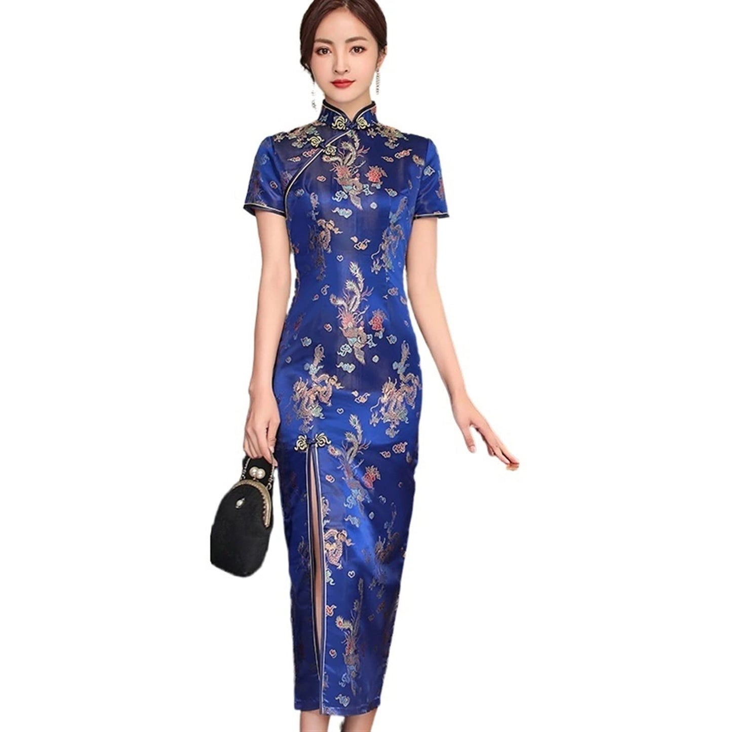 Sexy New Brocade Satin Long Fork Cheongsam Chinese Classic Women Qipao Elegant Short Sleeve Novelty Wedding Evening Dress
