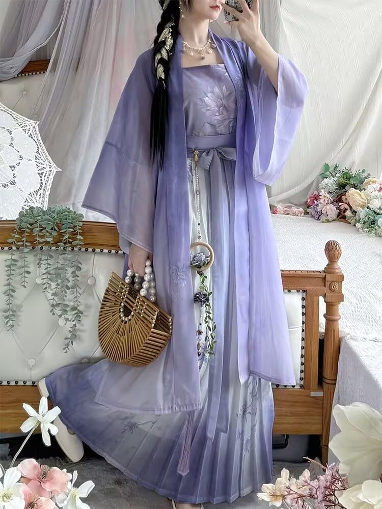Chinese Hanfu Women Traditional Cosplay Costume Ancient Song Dynasty 2025 Summer Purple Print Hanfu 3pcs Suit