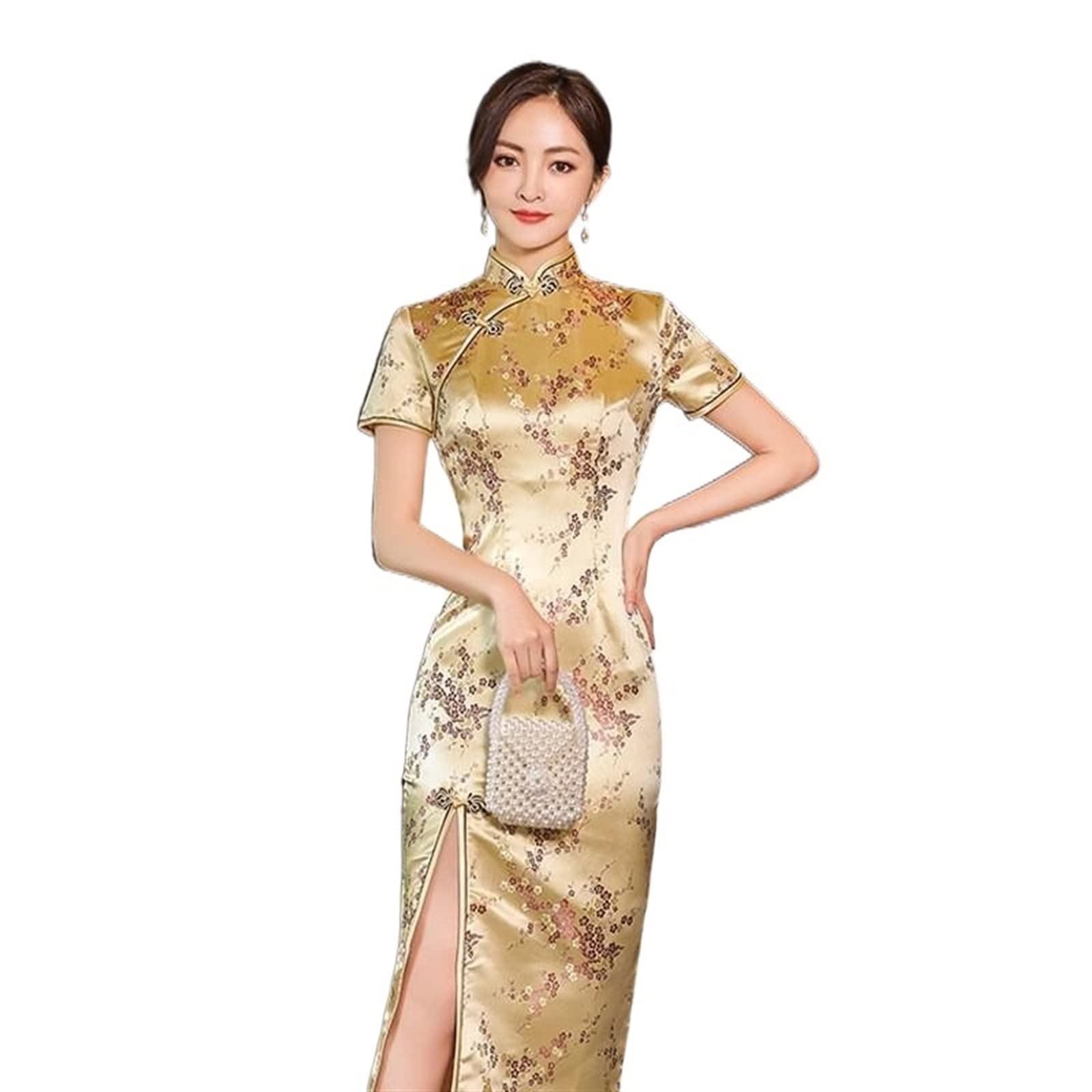 Sexy New Brocade Satin Long Fork Cheongsam Chinese Classic Women Qipao Elegant Short Sleeve Novelty Wedding Evening Dress