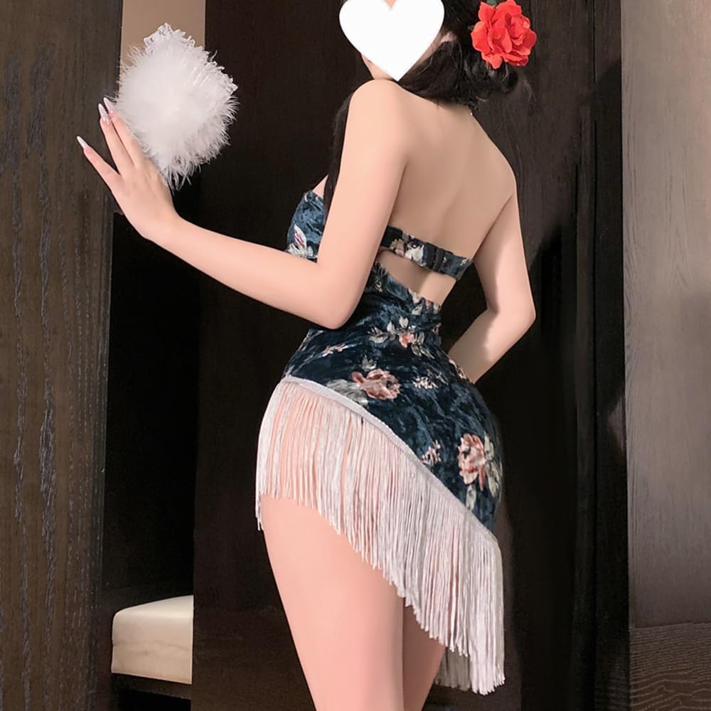 sexy cheongsam dress lingerie for women outfit Cosplay Costume velvet Chinese Style Qipao anime Roleplay cutout halter neck floral print Bodycon Fringe Babydoll Thong Green