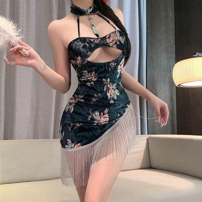 sexy cheongsam dress lingerie for women outfit Cosplay Costume velvet Chinese Style Qipao anime Roleplay cutout halter neck floral print Bodycon Fringe Babydoll Thong Green