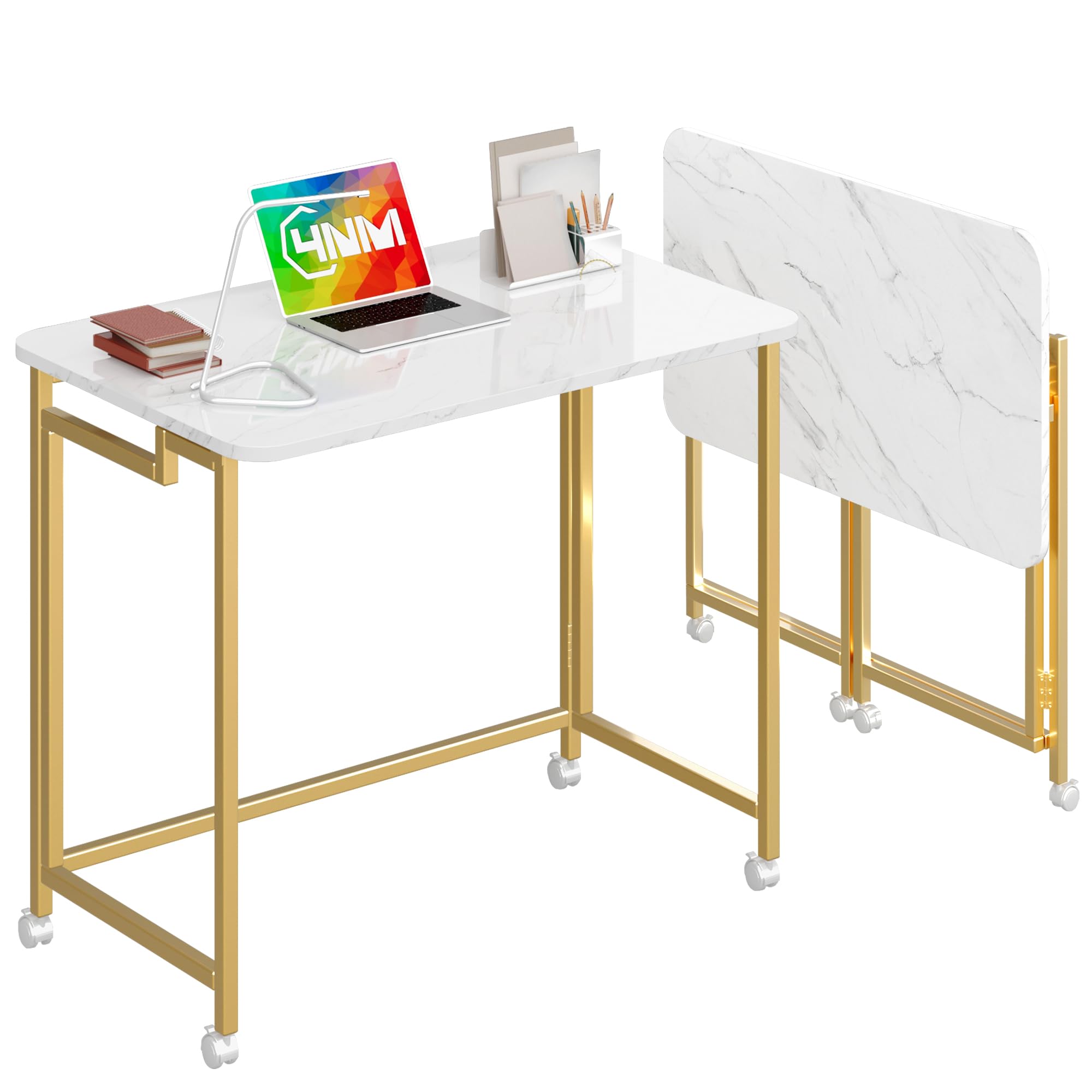 4NM 23.6" Mobile Small Rolling Computer Desk, Folding Laptop Cart Table with Wheels, Portable Office Desk for Small Space Couch Bed - All White
