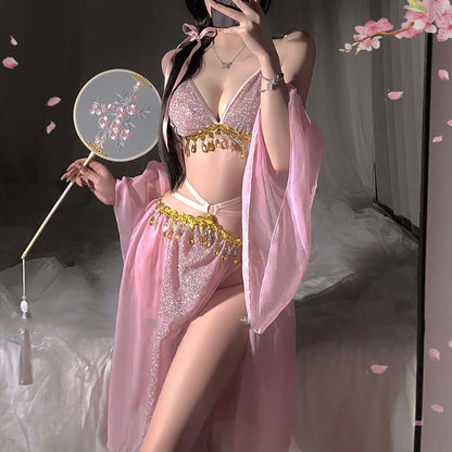 sexy cheongsam dress lingerie for women Sequin Fringe chinese Style Qipao Costume outfit anime cosplay Roleplay Bodycon Nightgown underwear Perspective High Split bra Skirt sleeve Thong Red