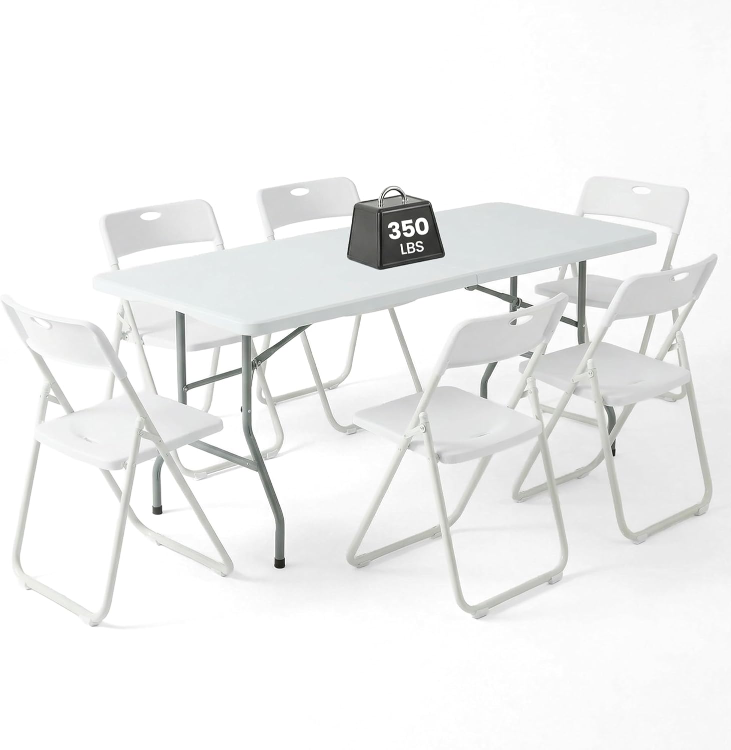6FT Foldable Table Set with 6 Pack Plastic Folding Chairs, Heavy Duty 350 lbs Folding Table & Folding Chairs, Portable Folding Furniture Bundle for Parties, Wedding, Events, Camping, Indoor & Outdoor
