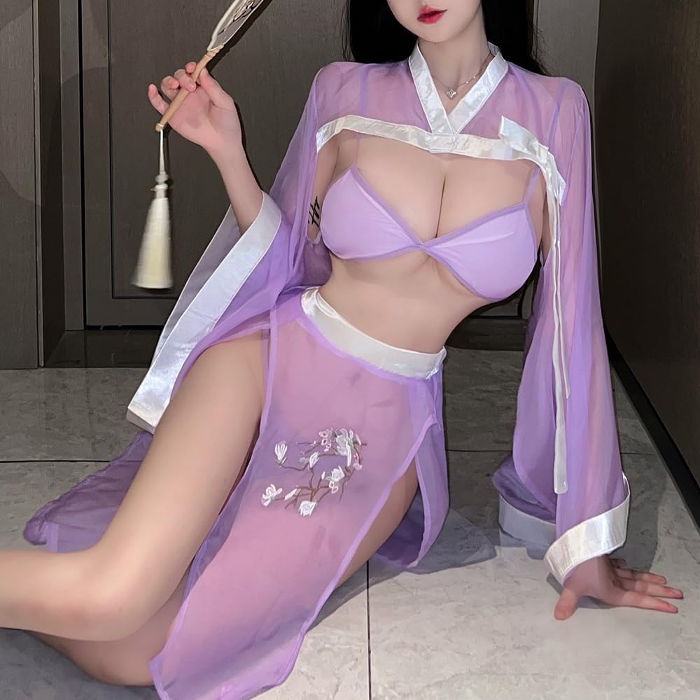 sexy exotic dress for women lingerie chinese cheongsam Qipao outfit Costume anime cosplay Rave Roleplay Nightgown Bodycon see-through High Split Chemise Babydoll bra Skirt Thong purple
