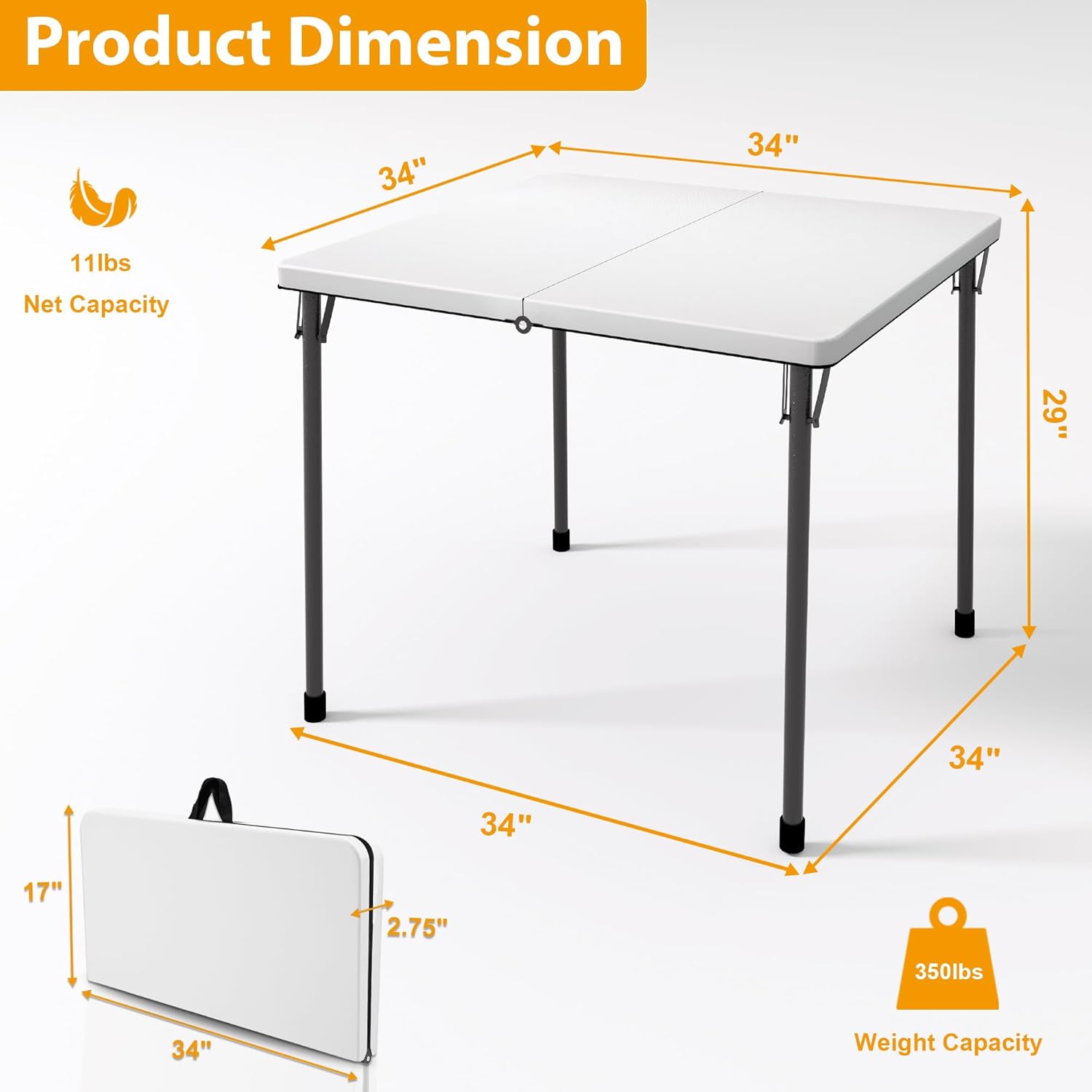 34" Folding Table, Portable Square Folding Card Table with Collapsible Legs & Carrying Handle, Plastic Tables for Camping,Picnic, Office, Party, White