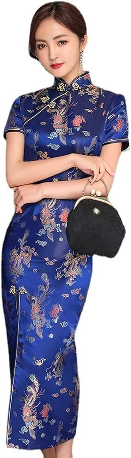 Sexy New Brocade Satin Long Fork Cheongsam Chinese Classic Women Qipao Elegant Short Sleeve Novelty Wedding Evening Dress