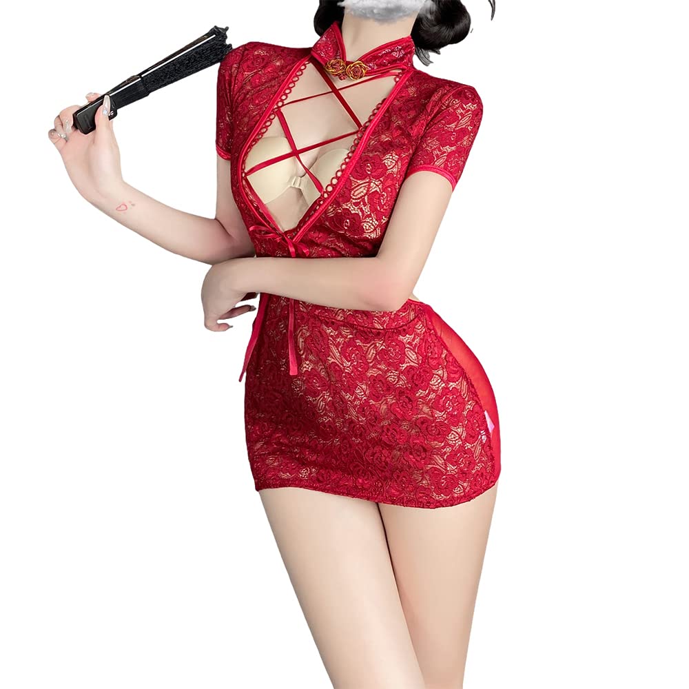 Women's Sexy Cosplay Perspective Mesh Cheongsam Chinese Fashion Tight Retro Dress