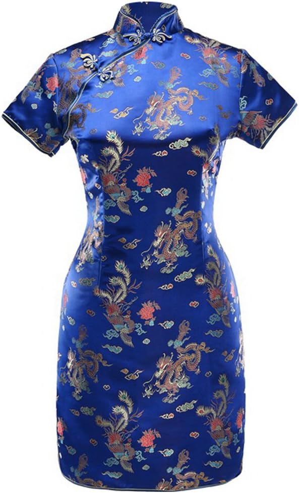7Fairy Women's VTG Navy Blue Dragon Mini Chinese Prom Dress Cheongsam