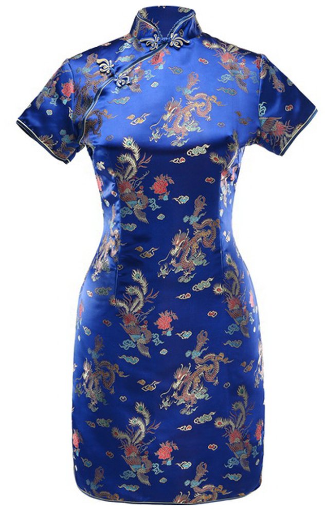 7Fairy Women's VTG Navy Blue Dragon Mini Chinese Prom Dress Cheongsam