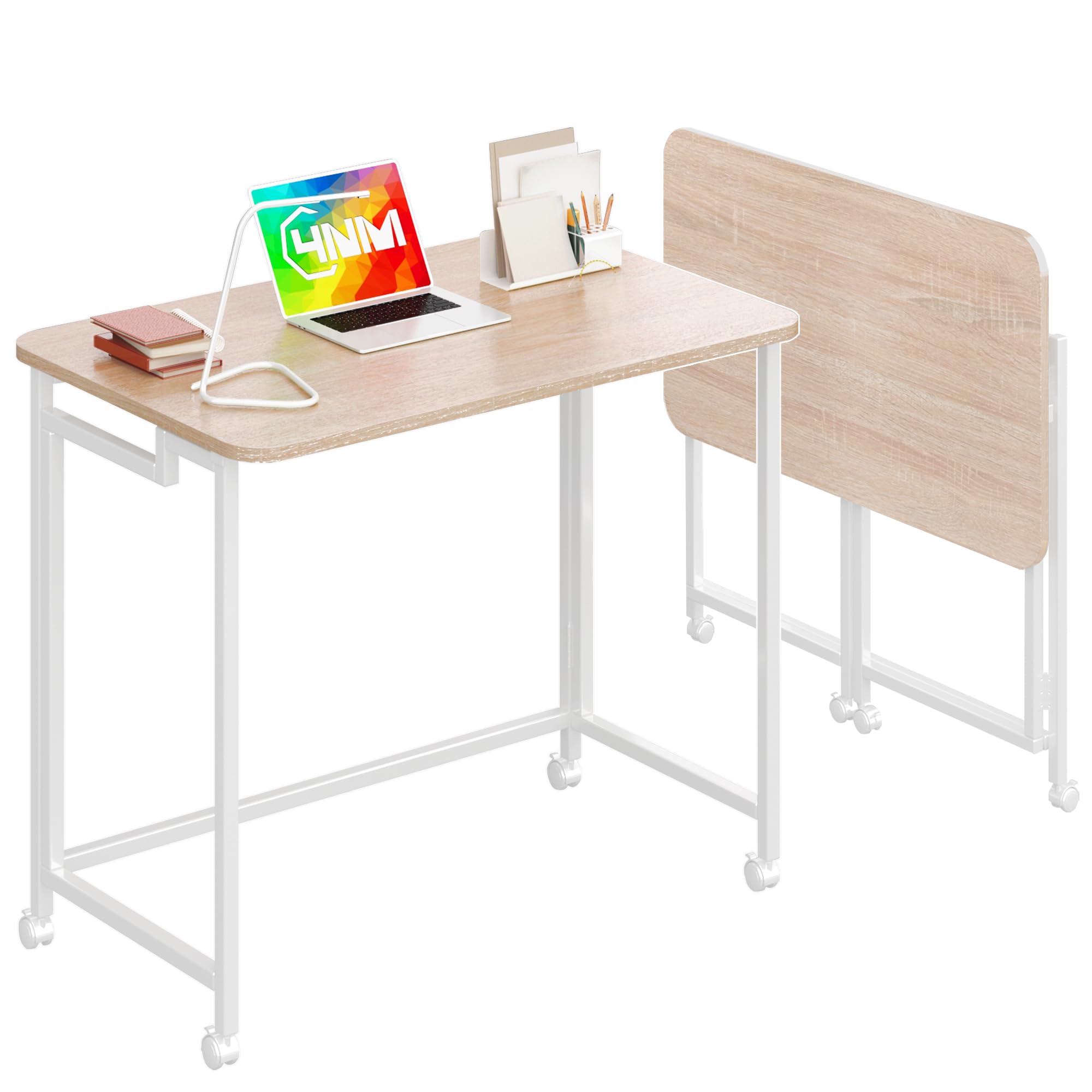 4NM 23.6" Mobile Small Rolling Computer Desk, Folding Laptop Cart Table with Wheels, Portable Office Desk for Small Space Couch Bed - All White
