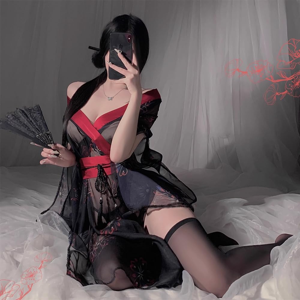 sexy kimono lingerie for women costume cosplay robe Perspective Cute open front Deep V-Neck Floral Pattern short dress japanese Yukata Anime Side Slit suit Sleepwear Pajamas outfit set black