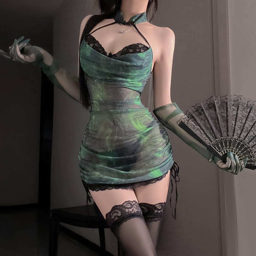 sexy cheongsam lingerie dress for women Cosplay Costume Chinese Style Halter Qipao outfit anime Roleplay short Strappy Mini Bodycon Nightgown High Split skirt green