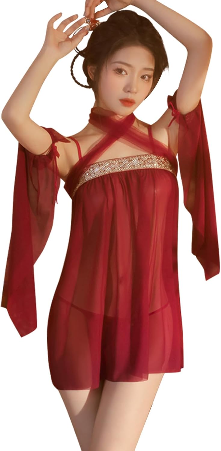 YOMORIO Chinese Style Geisha Cosplay Cheongsam Lingerie Sheer Mesh Tassel Outfits Hanfu Anime Lingerie Red