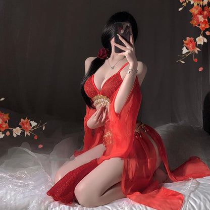 sexy cheongsam dress lingerie for women Sequin Fringe chinese Style Qipao Costume outfit anime cosplay Roleplay Bodycon Nightgown underwear Perspective High Split bra Skirt sleeve Thong Red