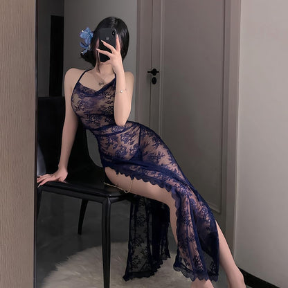 sexy cheongsam for women dress Lingerie Lace chinese Style outfit Qipao Costume High Split Roleplay Bodycon Nightgown anime cosplay Babydoll Thong party Long Skirt blue