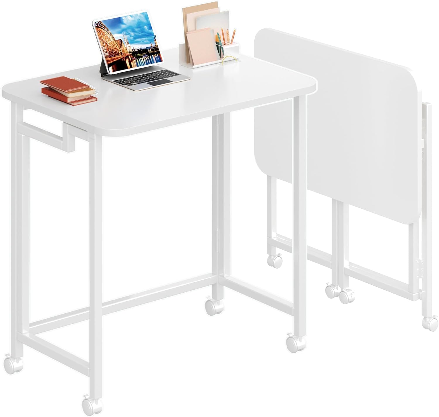 4NM 23.6" Mobile Small Rolling Computer Desk, Folding Laptop Cart Table with Wheels, Portable Office Desk for Small Space Couch Bed - All White