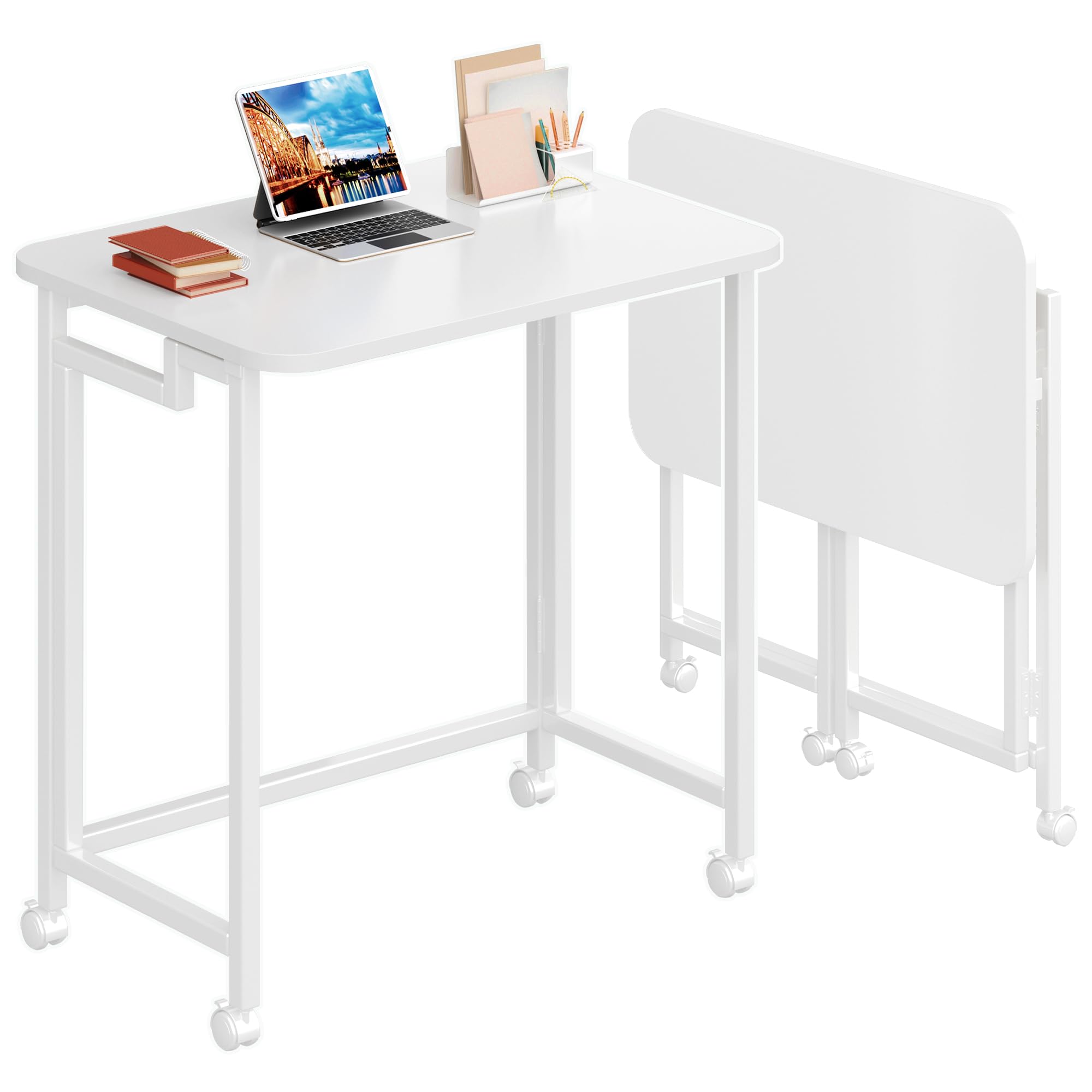 4NM 23.6" Mobile Small Rolling Computer Desk, Folding Laptop Cart Table with Wheels, Portable Office Desk for Small Space Couch Bed - All White