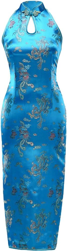 7Fairy Women's Turquoise Dragon Halter Backless Long Chinese Dress