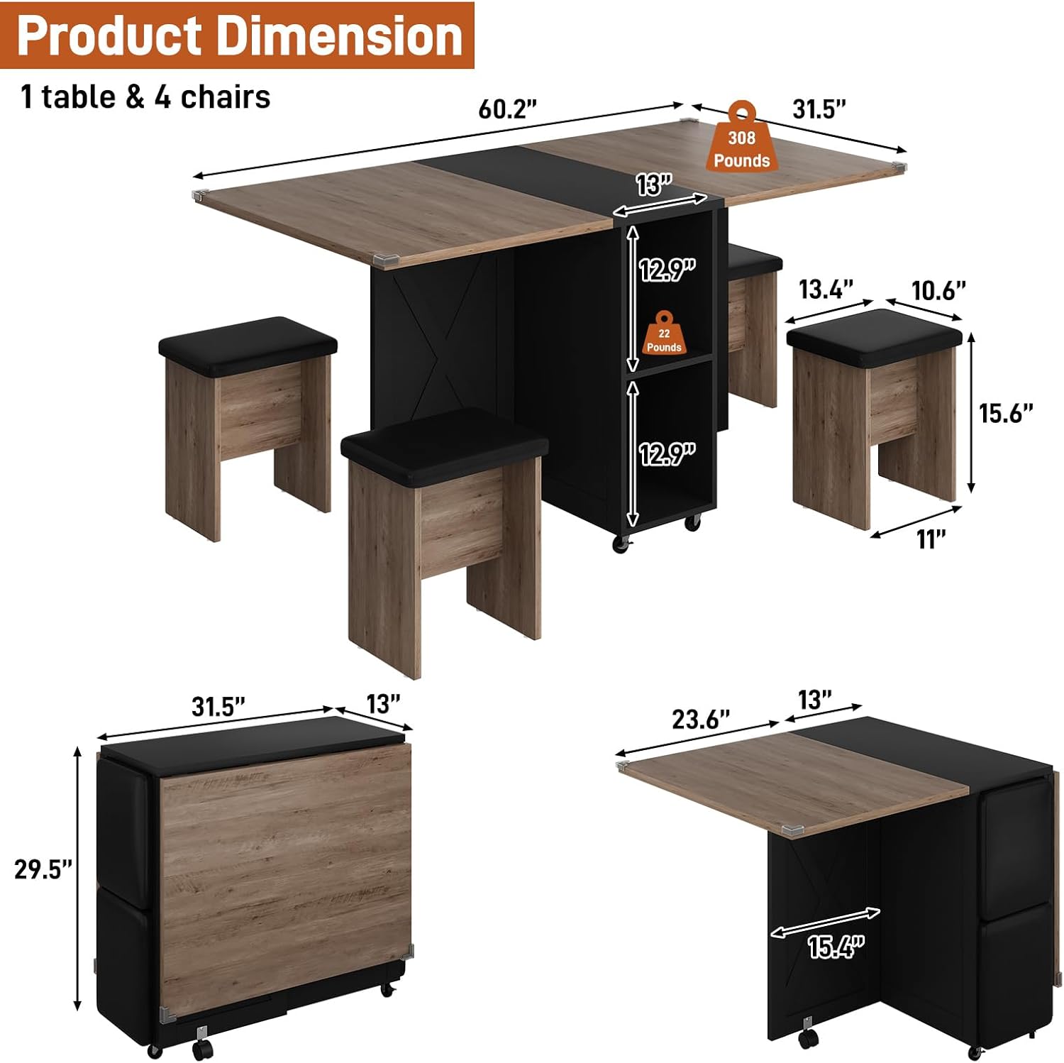 5 PCS Farmhouse Dining Table Set for 4,60" Large Folding Dining Table Set w/ 4 Leather Chairs, Drop Leaf Foldable Kitchen Table for Small Spaces,Barn Door Design,6 Wheels,2-Layer Storage Shelf,Black