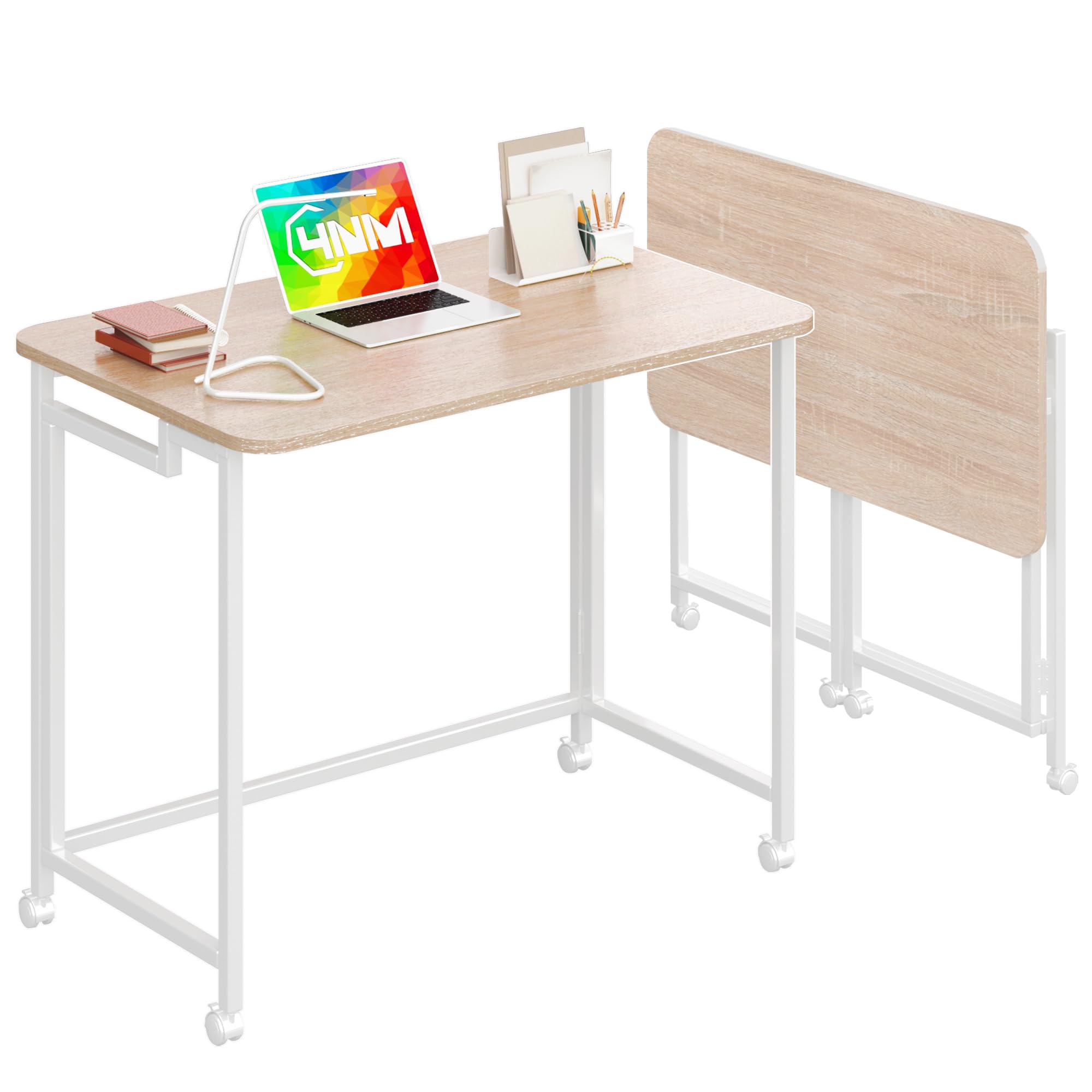 4NM 23.6" Mobile Small Rolling Computer Desk, Folding Laptop Cart Table with Wheels, Portable Office Desk for Small Space Couch Bed - All White