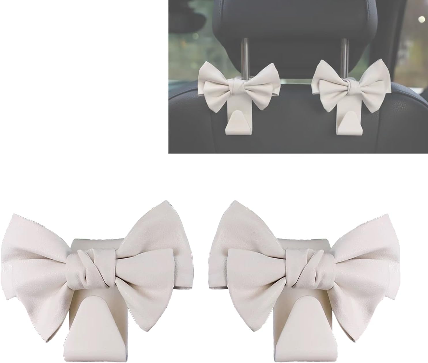 2 Pack Car Purse Hooks, Cute Bow Vehicle Hooks for Purses and Bags, Automotive Purse Hook Hanger Interior Decoration Accessories (White)