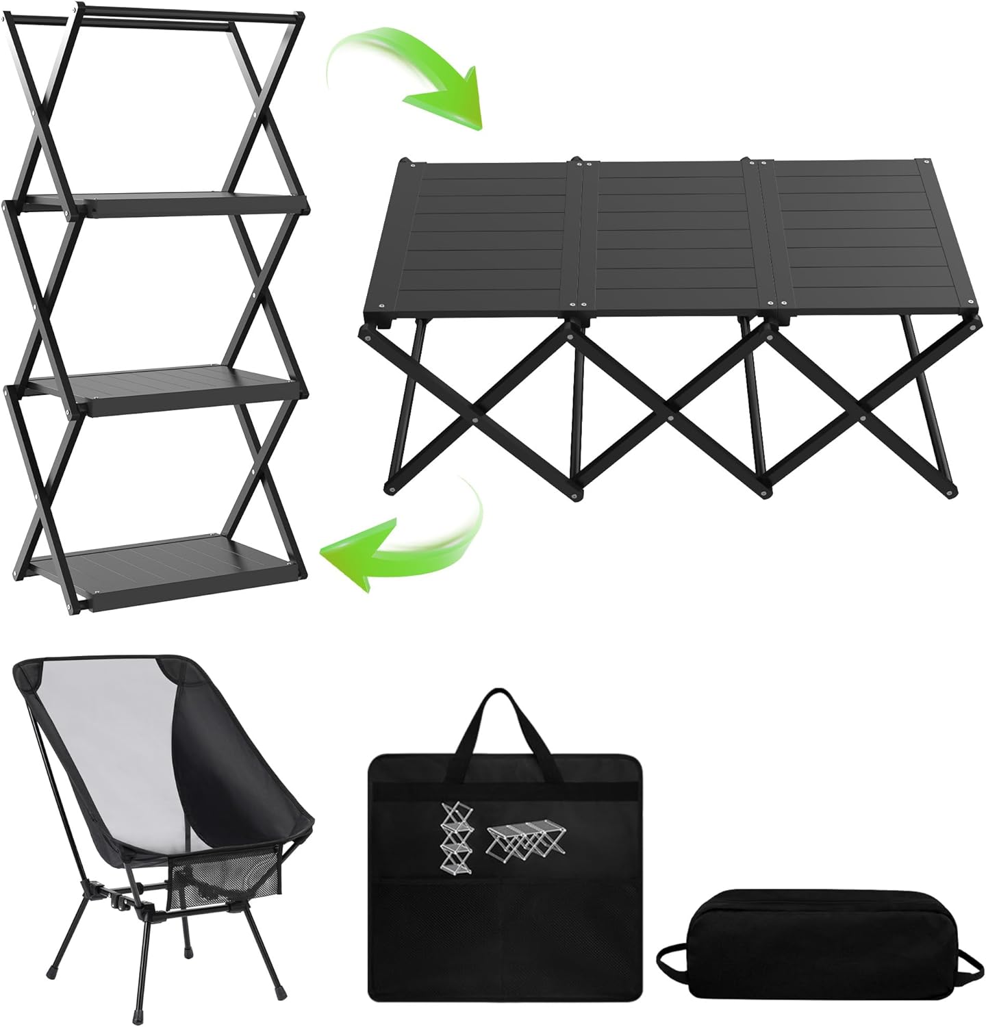2 in 1 Aluminum Folding Camping Table with Camping Chair,3-Tier Heavy Duty Storage Racks Portable Camping Set, Lightweight Carry Table and Chair for Outdoor Hiking